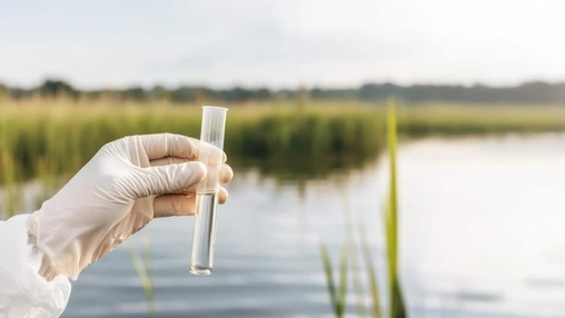 Gloved hand holding a water sample test tube against a blurred waterway with green reeds in the background